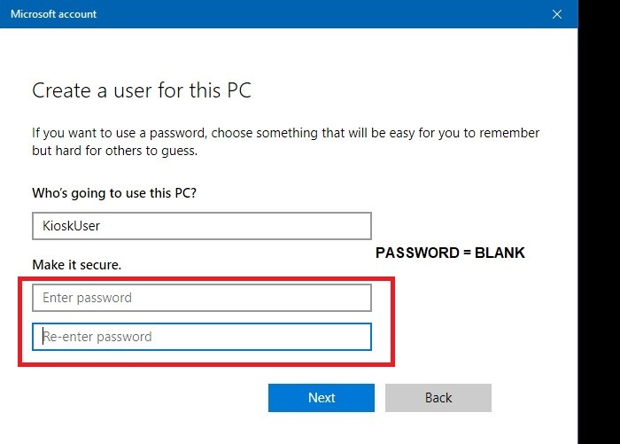 Windows -kioski Lisää käyttäjä Luo tietokoneen käyttäjän salasana