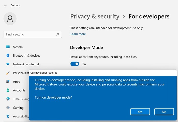 Google Play Windows11 utviklermodus 1