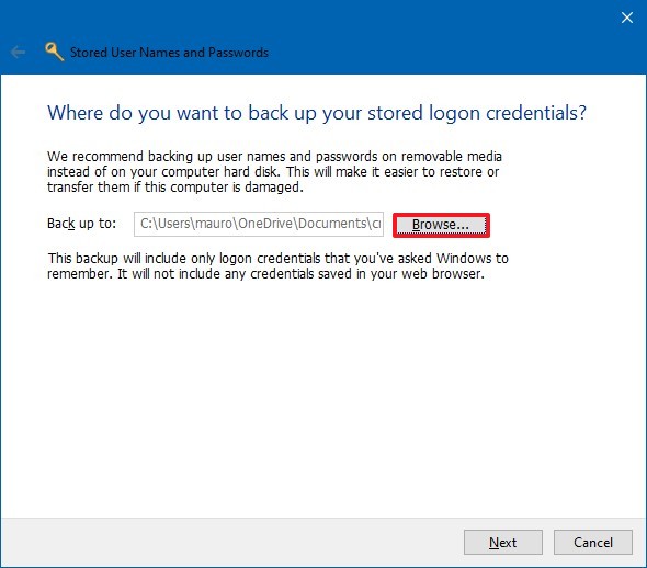 Varmuuskopiointipaikka .crd Windows Credentials -tiedostolle