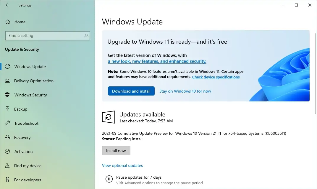 Windows 11 -päivitys Windows Updaten kautta