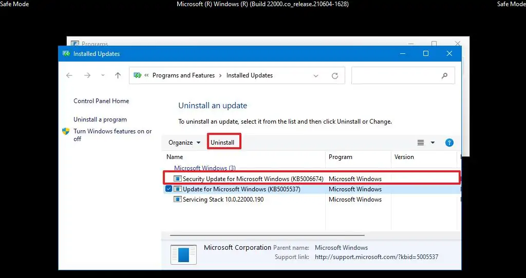 Avinstallationsuppdatering för Windows 11 Felsäkert läge