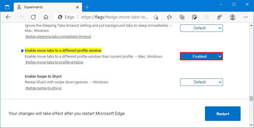 Microsoft Edge aktivera flytta flik till en annan profil