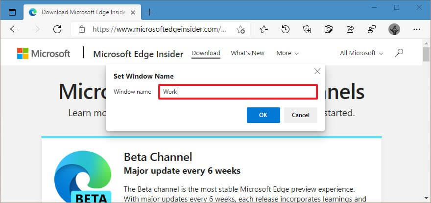 Microsoft Edge bekräfta fönsternamnet
