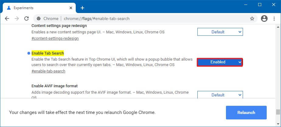 Chromessa ota välilehtihaku käyttöön Flagsista