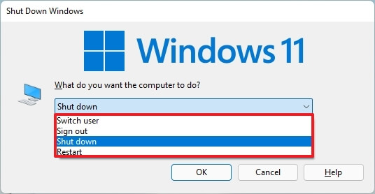 Windows 11 Alt + F4 sammutusvalikko