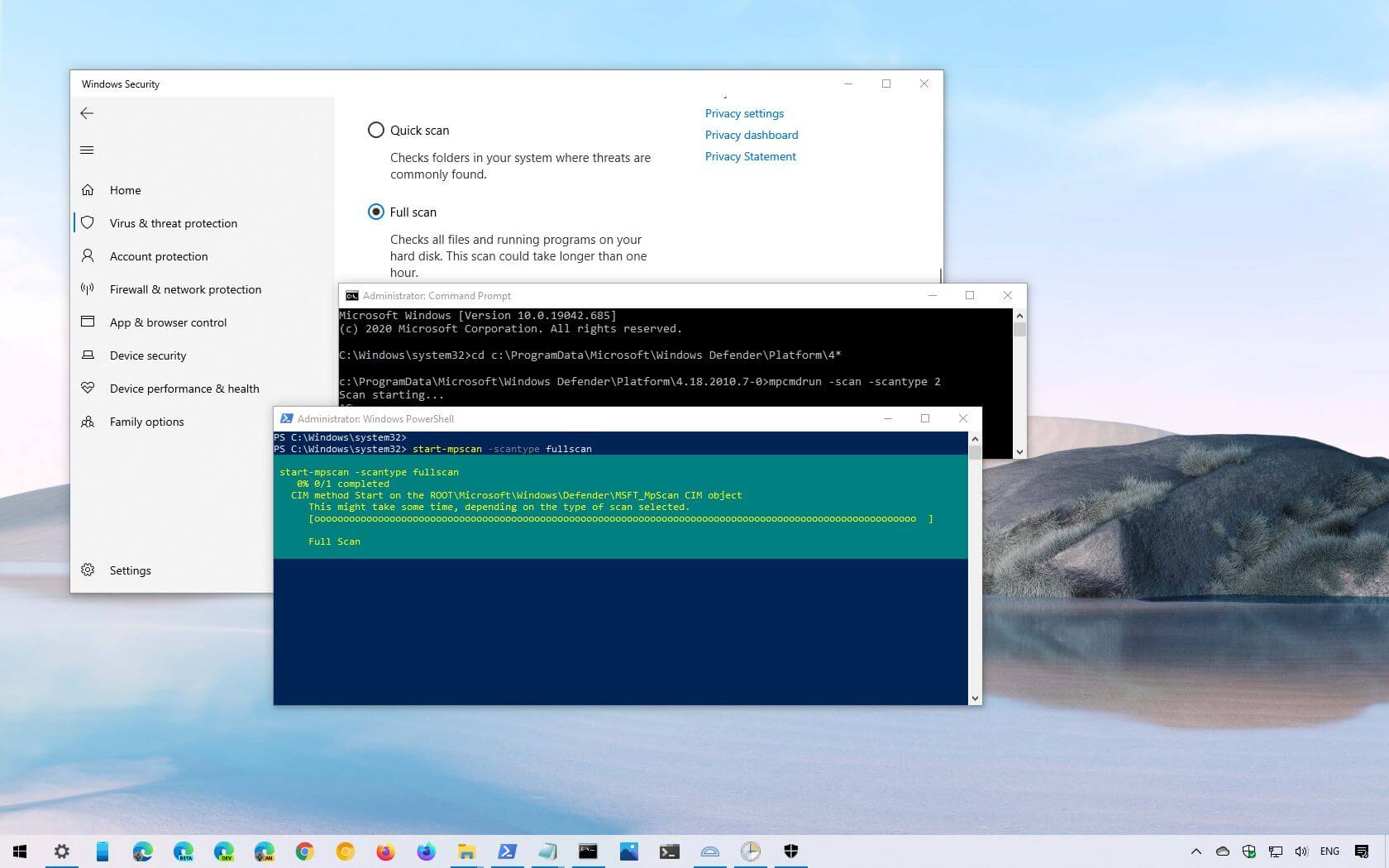 Täyden virustarkistuksen suorittaminen Microsoft Defender Antivirus -sovelluksella Windows 10:ssä
