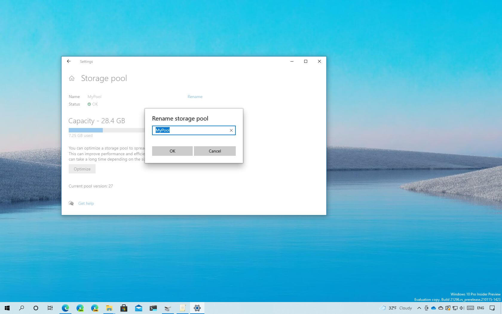 Poolin nimen muuttaminen Windows 10:n tallennustiloissa