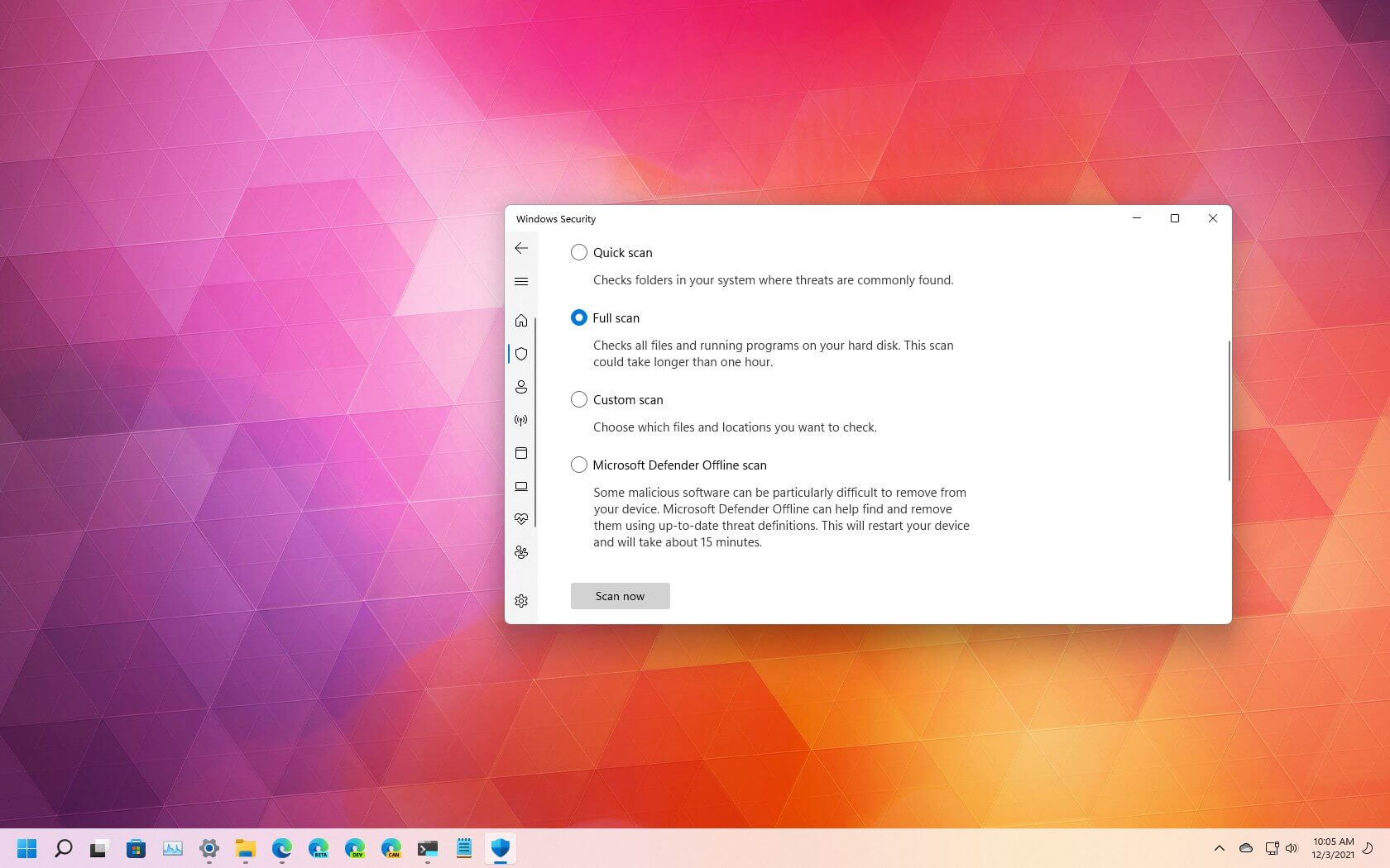 Microsoft Defenderin täyden virustarkistuksen suorittaminen Windows 11:ssä