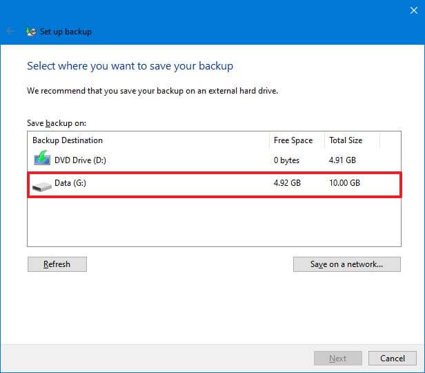 Windows Backup valitse tiedoston varmuuskopiointipaikka