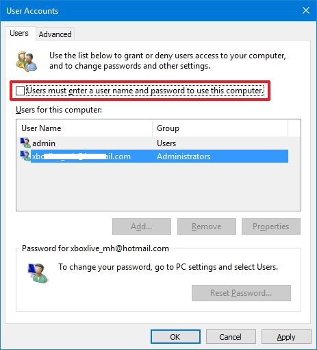 Windows 10 -käyttäjätilit (netplwiz)