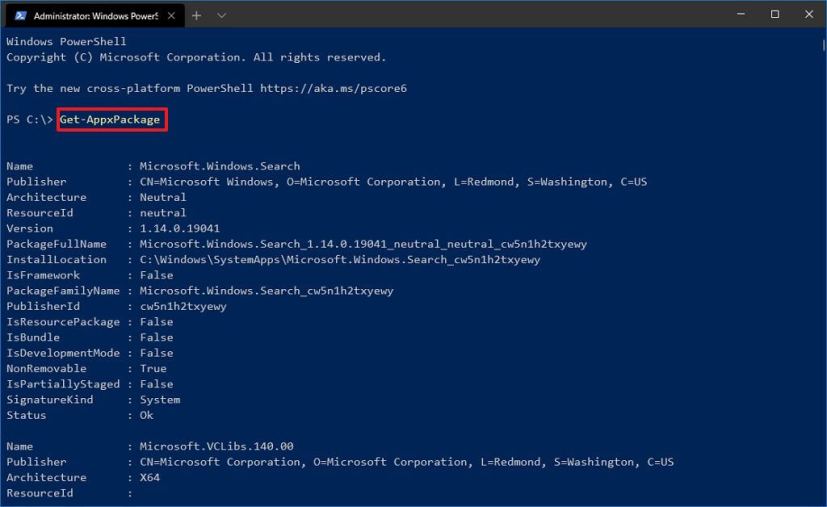 PowerShell Get-AppxPackage -komento