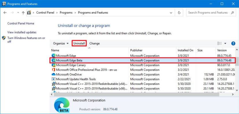 Windows 10 Ohjauspaneelin asennuksen poistosovellus
