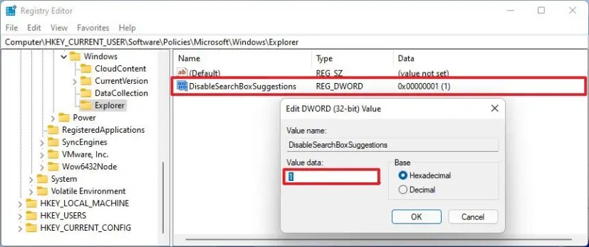 Windows 11 poistaa hakuehdotusten rekisterin käytöstä