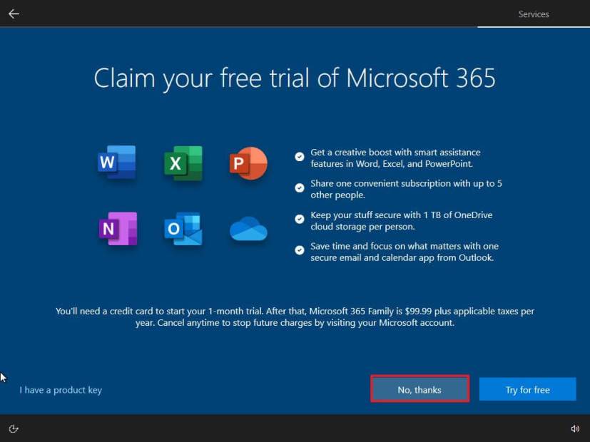 OOBE ohita Microsoft 365 -tarjous