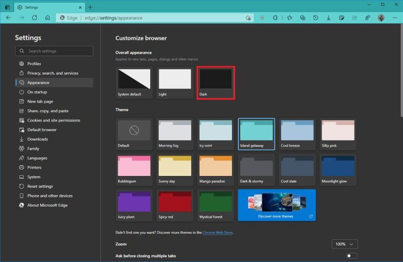 Microsoft Edge lyse og mørke fargeinnstillinger