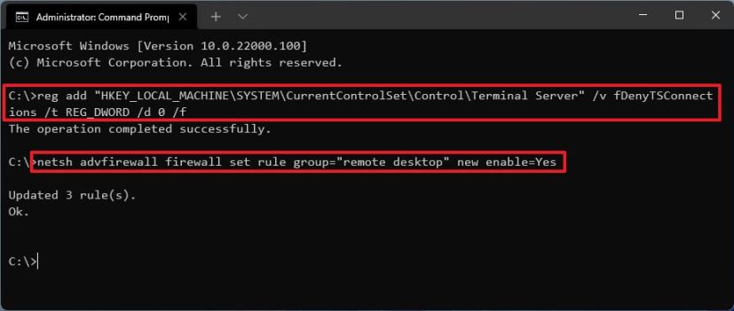 Kommandoprompt aktiver Remote Desktop