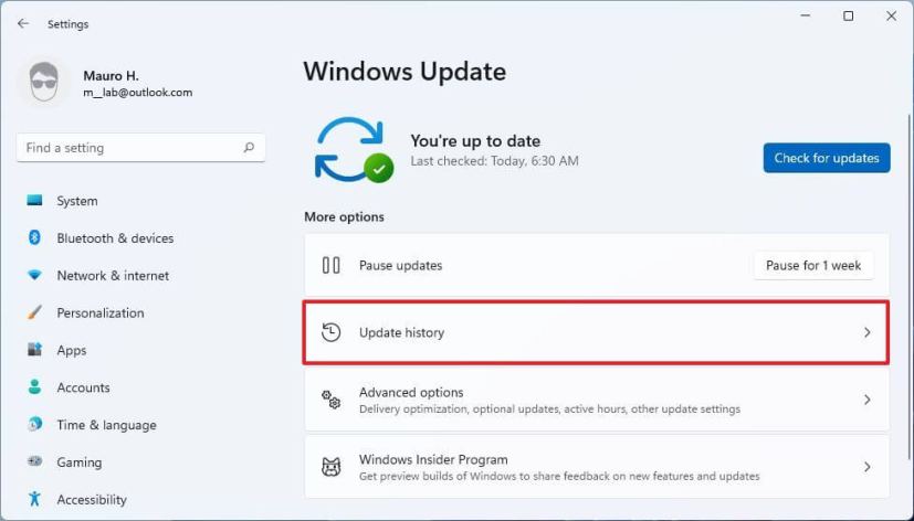 Innstilling for oppdateringshistorikk for Windows 11