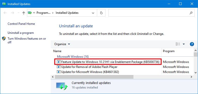 Windows 10 21H1 (KB500736) asennuksen poisto