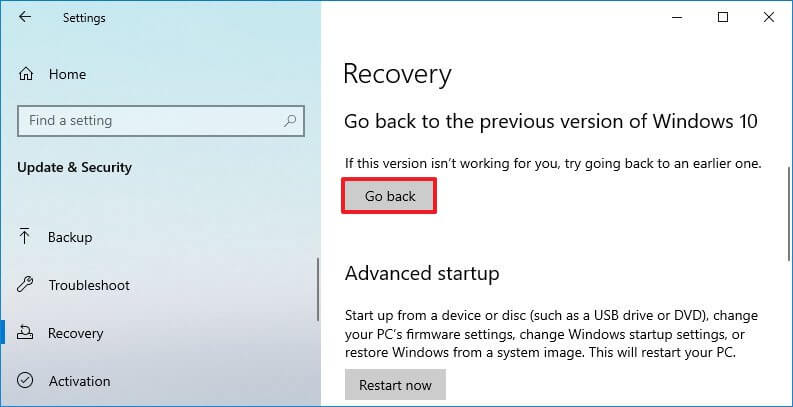 Windows 10:n palautus poista 21H1 vaihtoehto