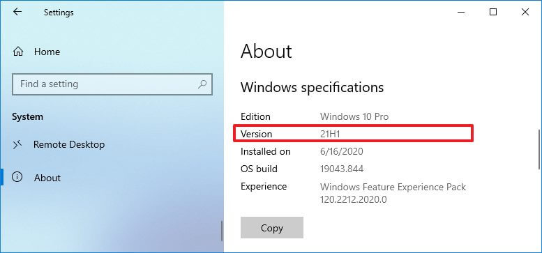 Tarkista Windows 10 21H1 asetuksista