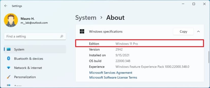 Windows 11 -versio Tietoja asetuksista