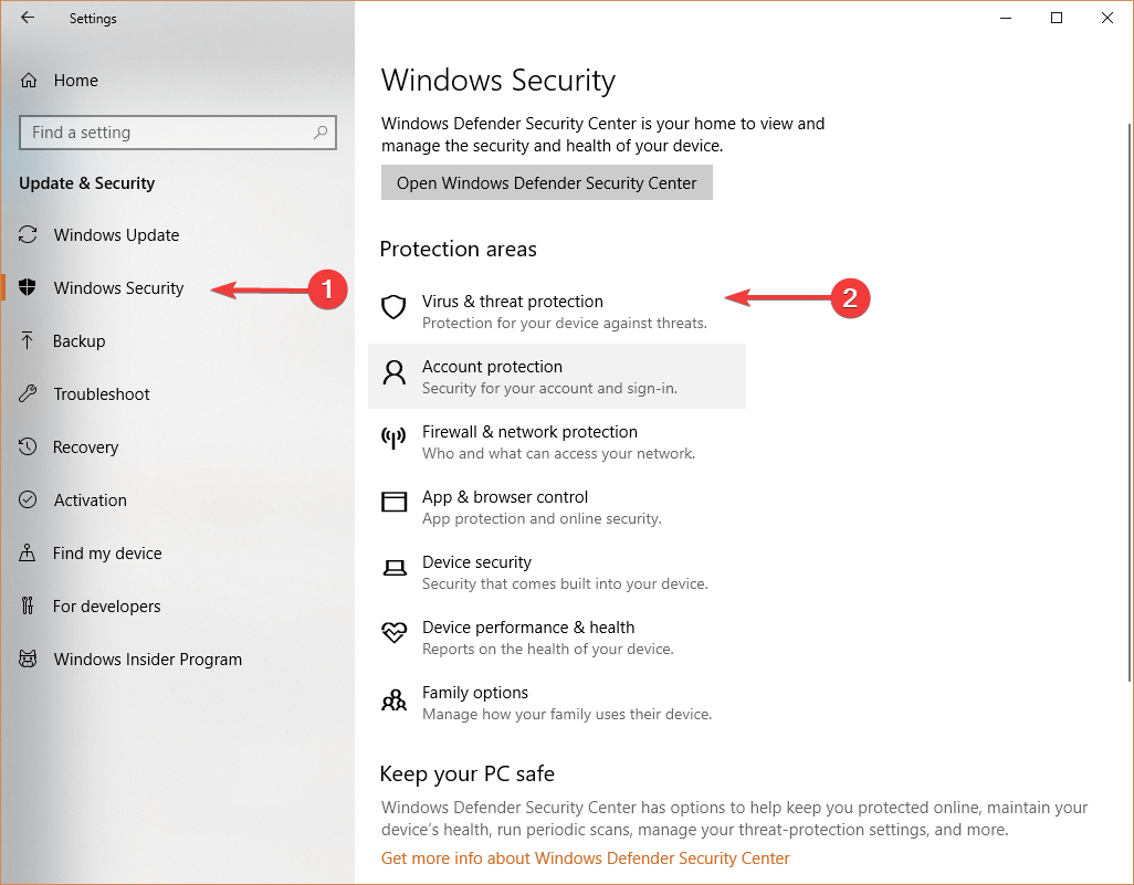 Windows Security virus- ja uhkien suojaus PC automaattisesti alt-välilehdet