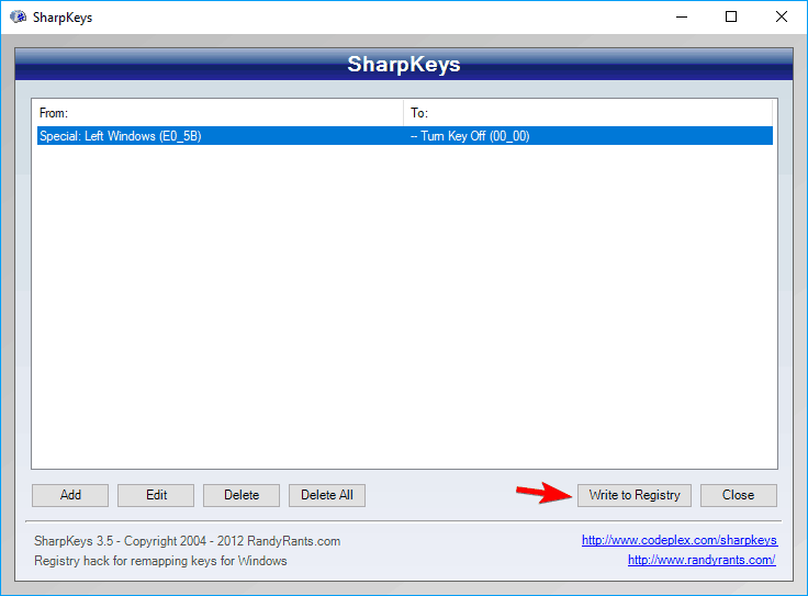 skriv til register Sharpkeys deaktiverer Windows-nøkkel
