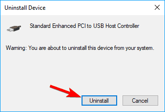 Virhesanoma Poista laitteisto turvallisesti: Poista tavallinen parannettu PCI-isäntäohjain USB:lle