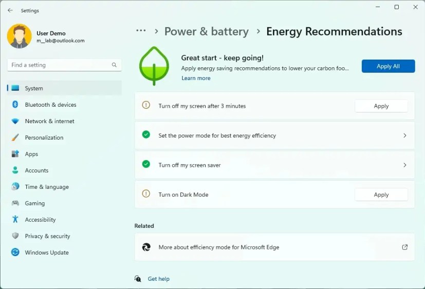 Windows 11:n energiasuositukset