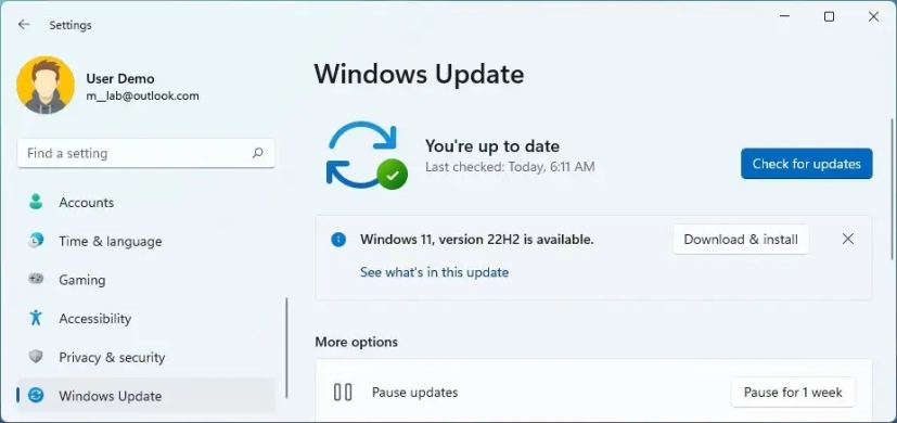 Nedladdning av Windows 11 22H2 via Windows Update