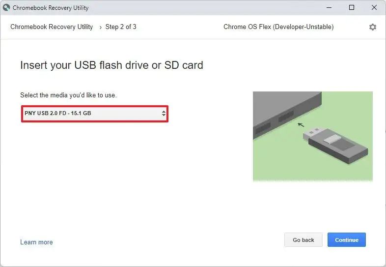 Välj USB skapa Chrome OS Flex media