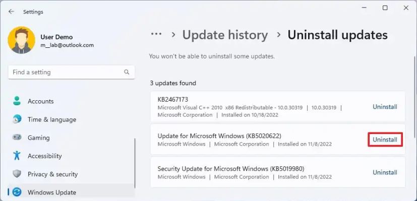 Avinstallationsuppdatering för Windows 11