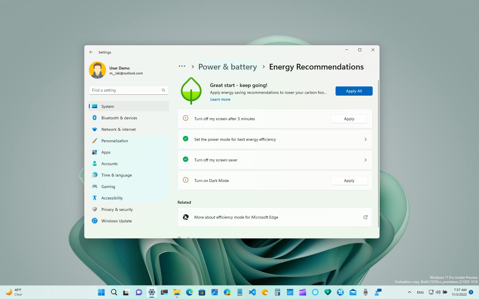 Slik aktiverer du nye energianbefalinger-innstillinger på Windows 11