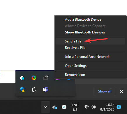 Send en fil Del filer via Bluetooth-vinduer