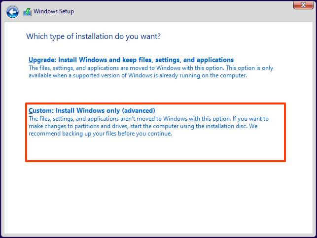 Windows 11 mukautettu asennusvaihtoehto