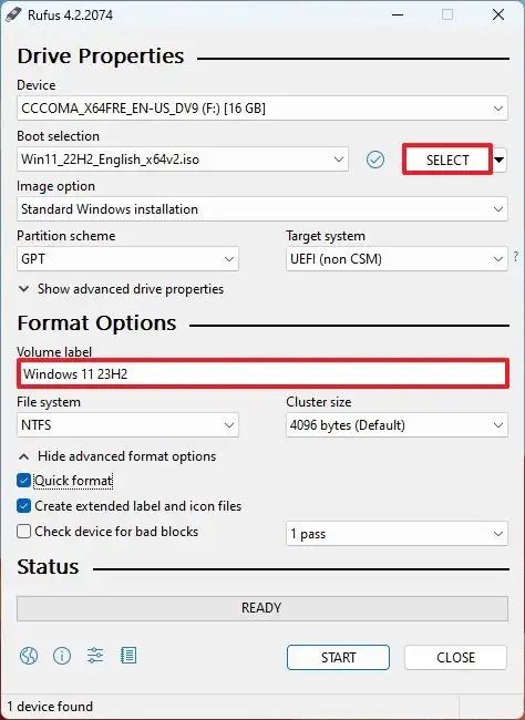 Rufus Windows 11 23H2 USB-ohitus
