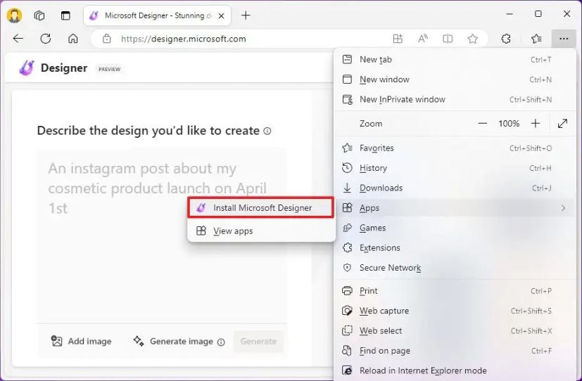 Windows 11 asentaa Microsoft Designer -sovelluksen