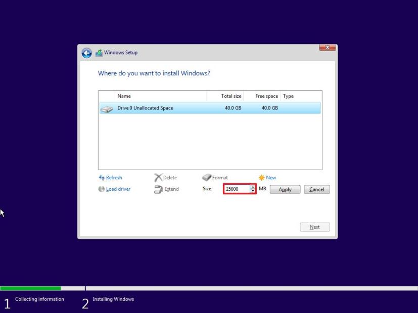 Windows 10-innstillinger, spesifiser partisjonsstørrelse