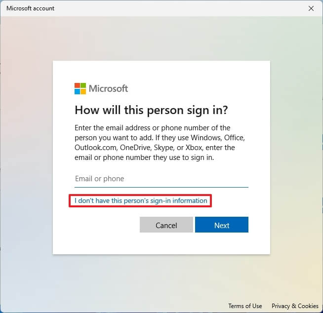 Ohita Microsoft-tilivaihtoehto