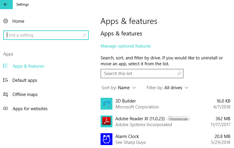 apper og funksjoner windows 10