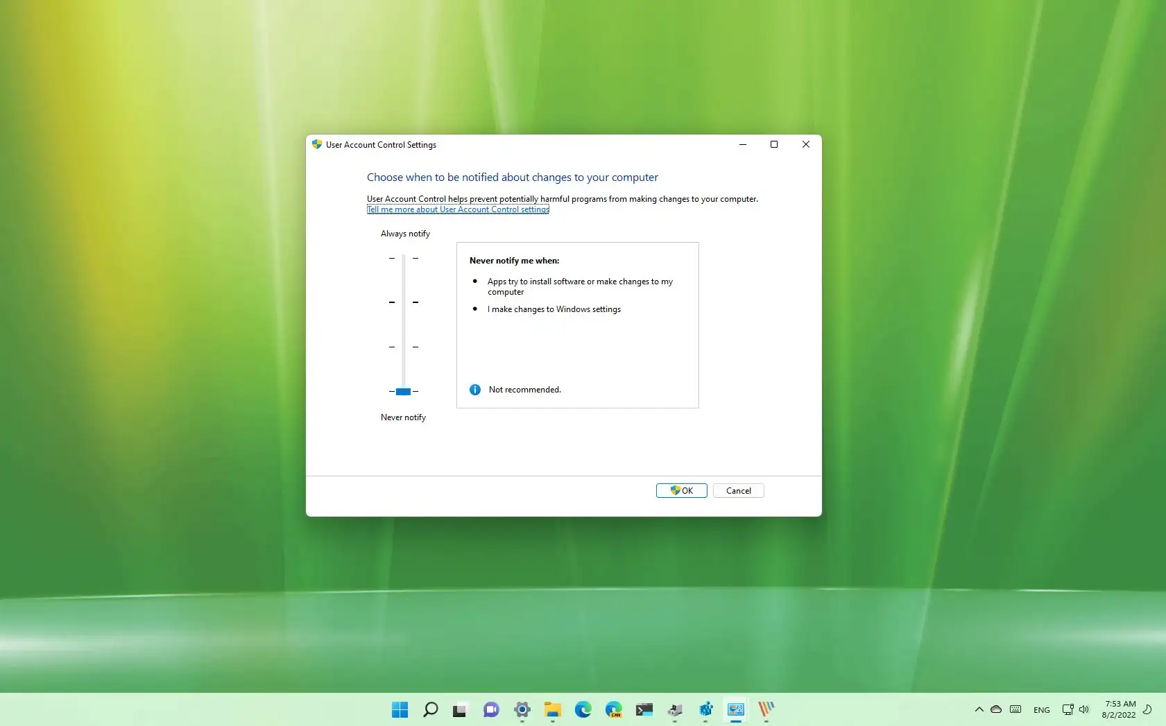 Käyttäjätilien valvonnan (UAC) poistaminen käytöstä Windows 11:ssä