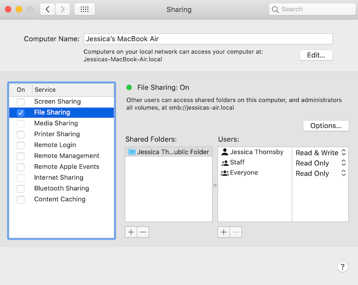 Aktivera MacOS inställningar för fildelning. 