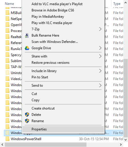 windowsapps-mapp-välj-egenskaper