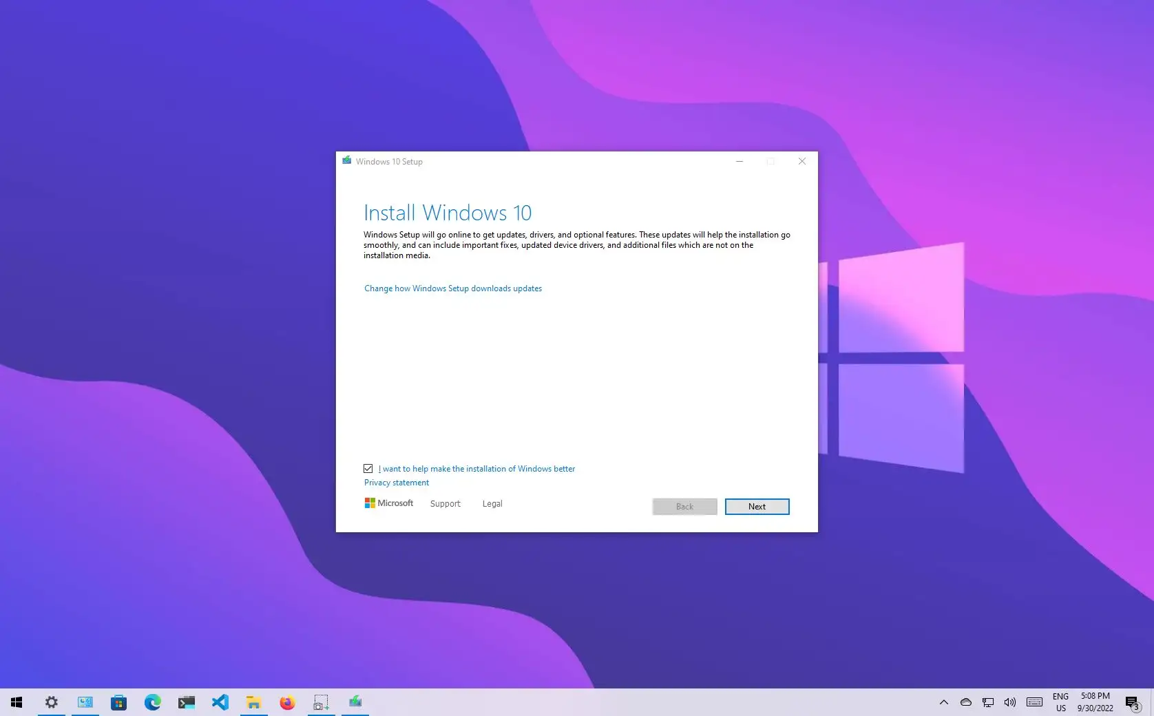 Kuinka puhdistaa asennus Windows 10 22H2