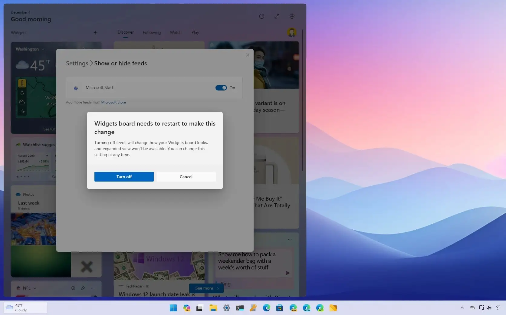 Uutissyötteiden widgetien poistaminen käytöstä Windows 11:ssä